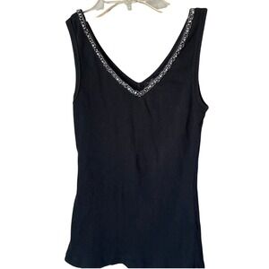 Vintage Y2K Black Ribbed Tank Top with Rhinestone Embellished Neckline, S